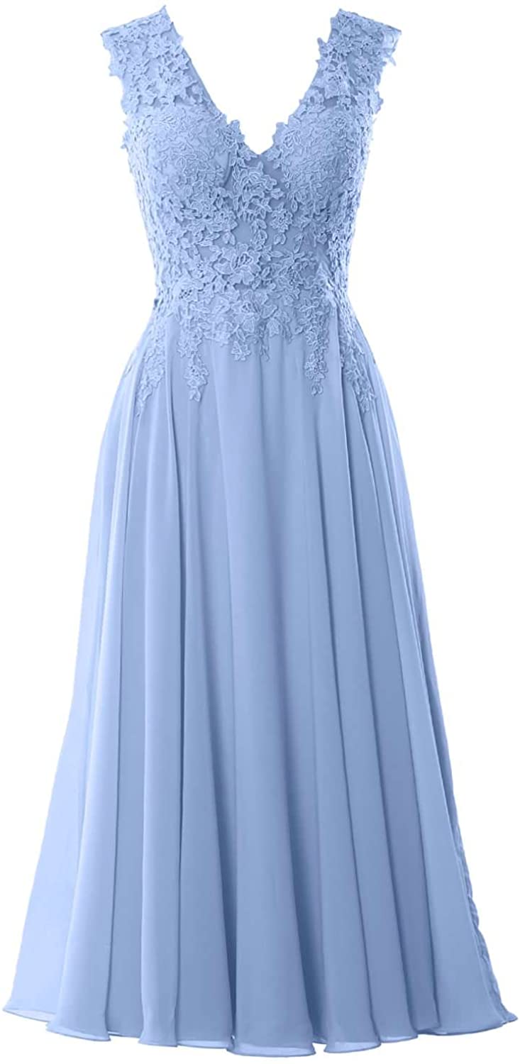 Price:$109.00    MACloth Women V Neck Lace Mother Bride Dresses Midi Tea Length Wedding Dinner  Clothing
