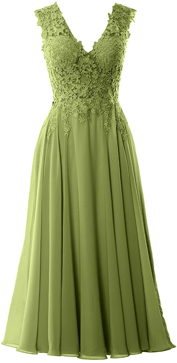 Price:$109.00    MACloth Women V Neck Lace Mother Bride Dresses Midi Tea Length Wedding Dinner  Clothing