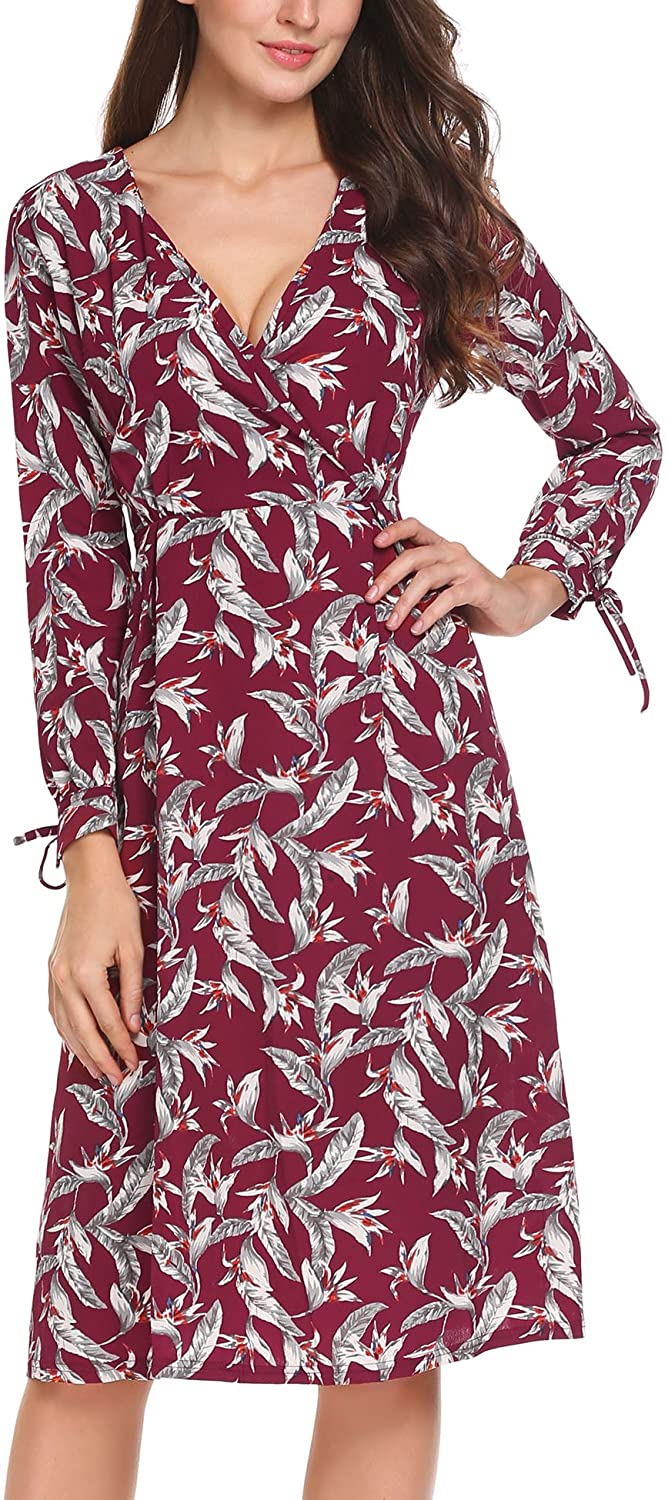 Price:$6.99 ACEVOG Womes' Floral Printed Chiffon Wrap V-Neck Long Sleeve A-Line Dress at Amazon Women’s Clothing store