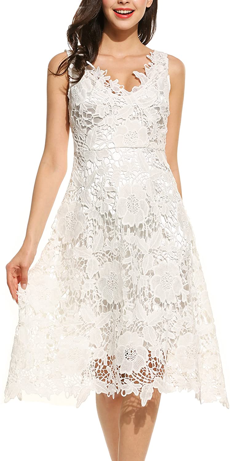 Price:$49.99    Meaneor Women's Elegant V-Neck Sleeveless Lace Swing Dress Floral Cocktail Bodycon Party Dress  Clothing