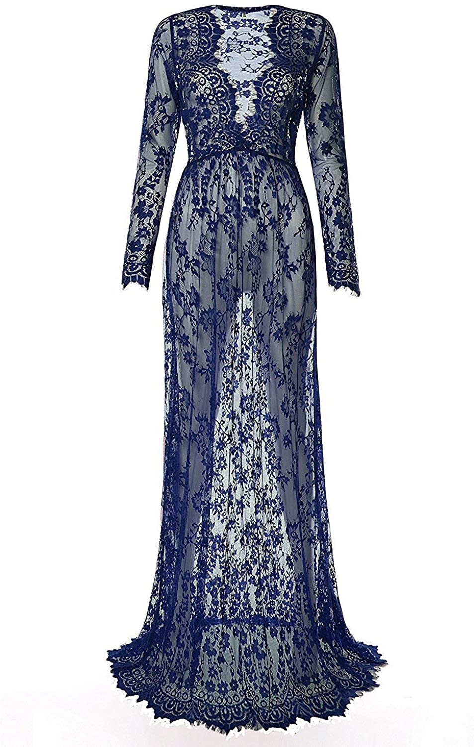 Price:$13.99 Laisiyi Sexy Deep V-Neck Lace Beach Dress See-Through Long Sleeve Maxi Dress at Amazon Women’s Clothing store