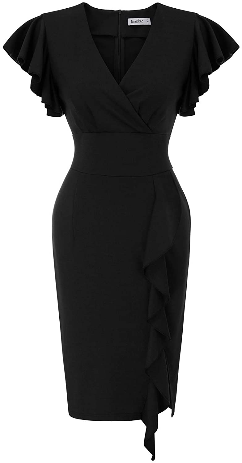 Price:$29.99 JASAMBAC Women's Deep-V Neck Ruffle Sleeve Cocktail Party Split Pencil Dress at Amazon Women’s Clothing store