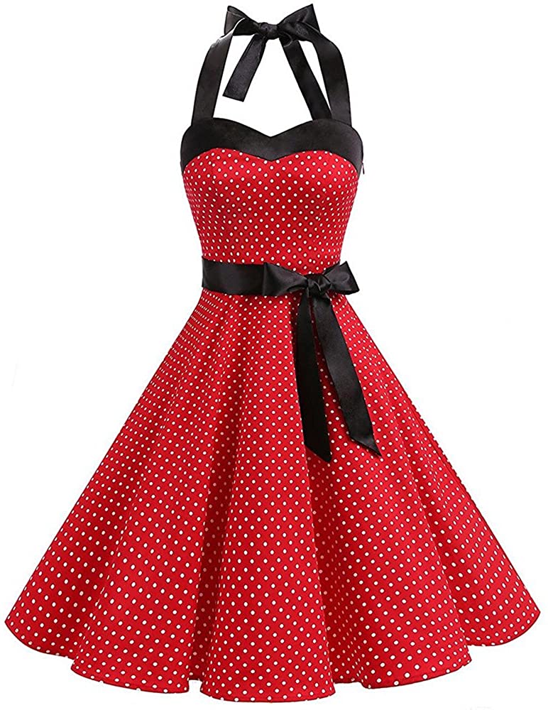 Price:$4.57 kingfansion Women's Vintage Dress 1950's Retro Polka Dot Print Audrey Hepburn Cocktail Party Prom Swing Dresses at Amazon Women’s Clothing store