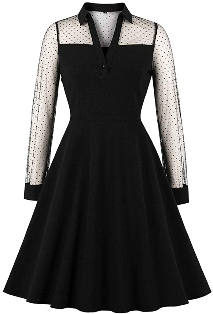 Price:$10.99    Mikilon Women's Keyhole V Neck Mesh Sleeve Knee Swing Cocktail 50S Black Dress  Clothing