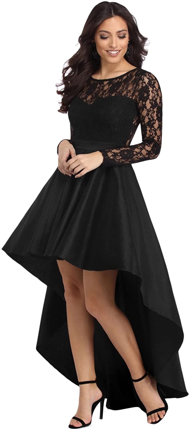 Price:$21.99 Women's Elegant Lace Long Sleeve Dress High Low Cocktail Party Ball Gown Vintage A-line Skater Dresses at Amazon Women’s Clothing store