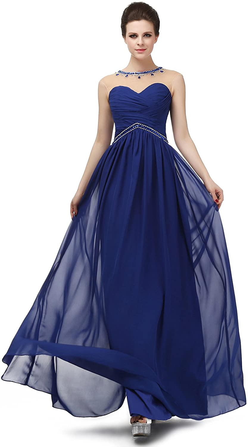 Price:$92.99 R&Bwedding Women's Pleated Formal Evening Dresses Chiffon Illusion Neck Prom Dress Crystal Beaded Party Gowns at Amazon Women’s Clothing store