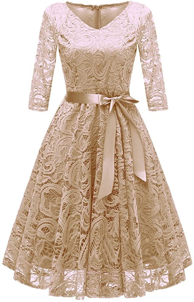 Price:$11.41 iLOOSKR Fashion Women Vintage Princess Dress V-Neck Floral Lace Slim Cocktail Party A-line Swing Dress at Amazon Women’s Clothing store