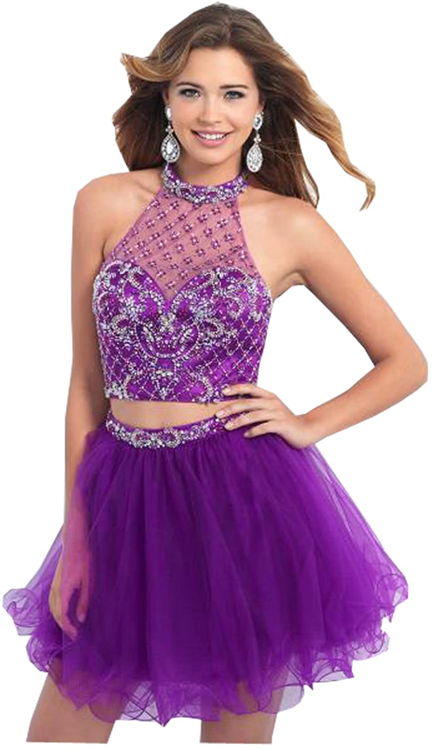 Price:$299.00    Kelaixiang Custom Made Jewel Halter Short Purple Prom Dresses Rhinestone  Clothing
