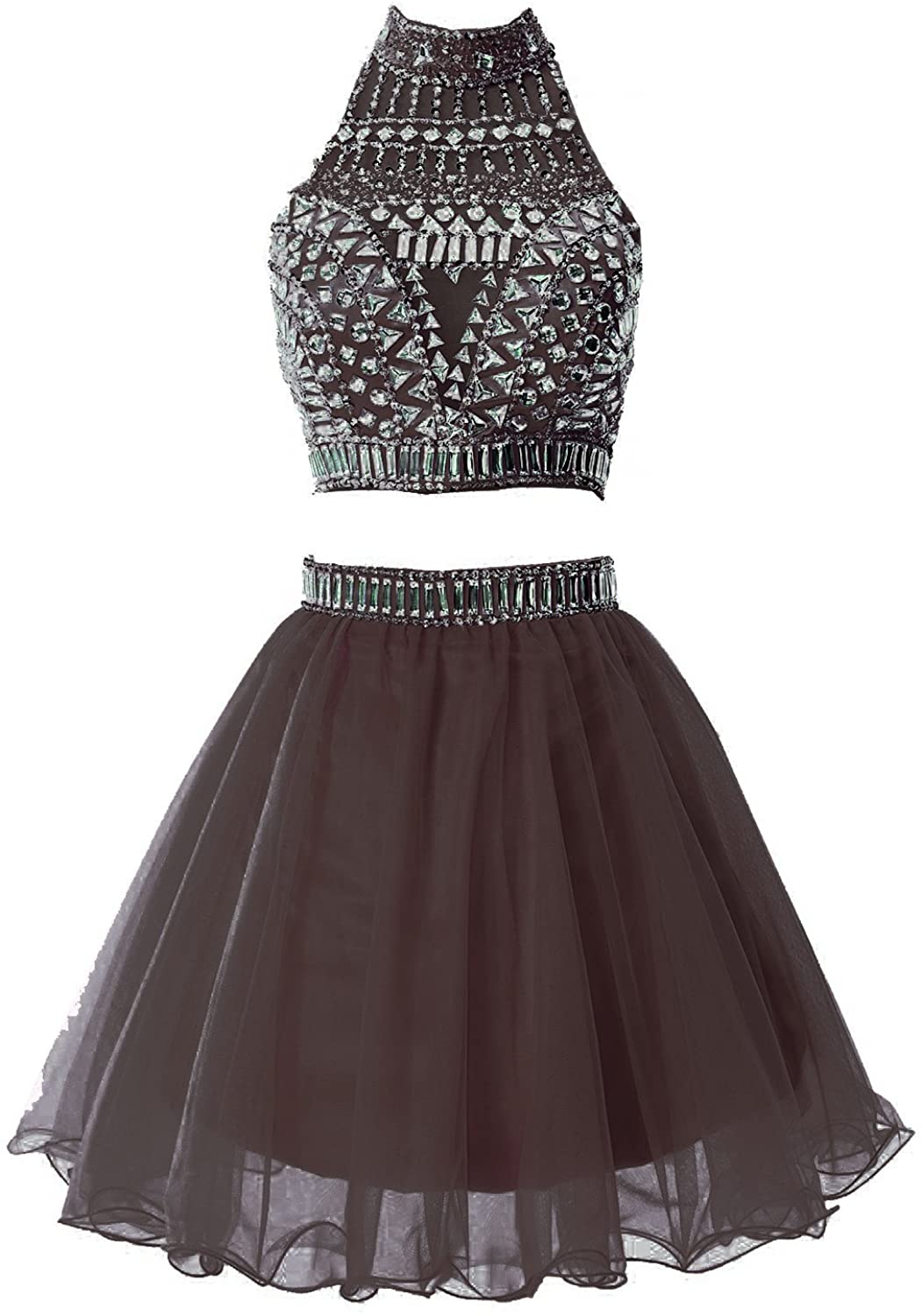 Price:$86.99    SDRESS Women's Short A-line 2 Pieces Rhinestones High Neck Homecoming Dress  Clothing