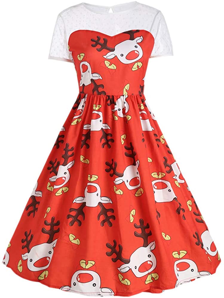 Price:$10.54 Christmas Women's Short Sleeve O Neck Printing Vintage Gown Evening Party Dress at Amazon Women’s Clothing store