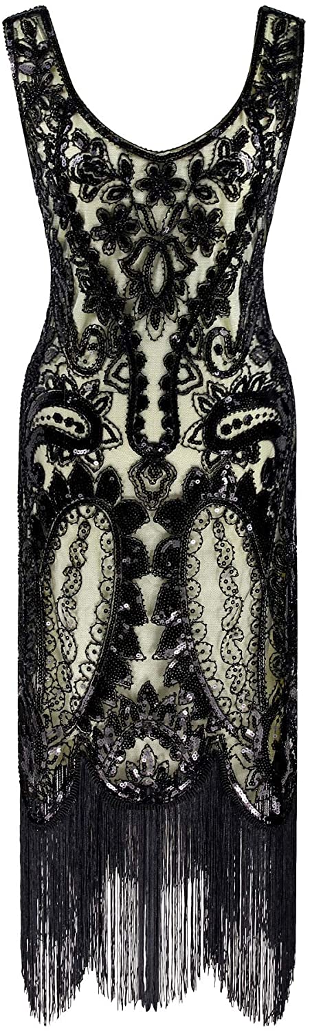 Price:$44.90    Vintage 1920s Dresses Embellished Gatsby Party Floral Beaded Cocktail Flapper Evening Dress Black Beige  Clothing