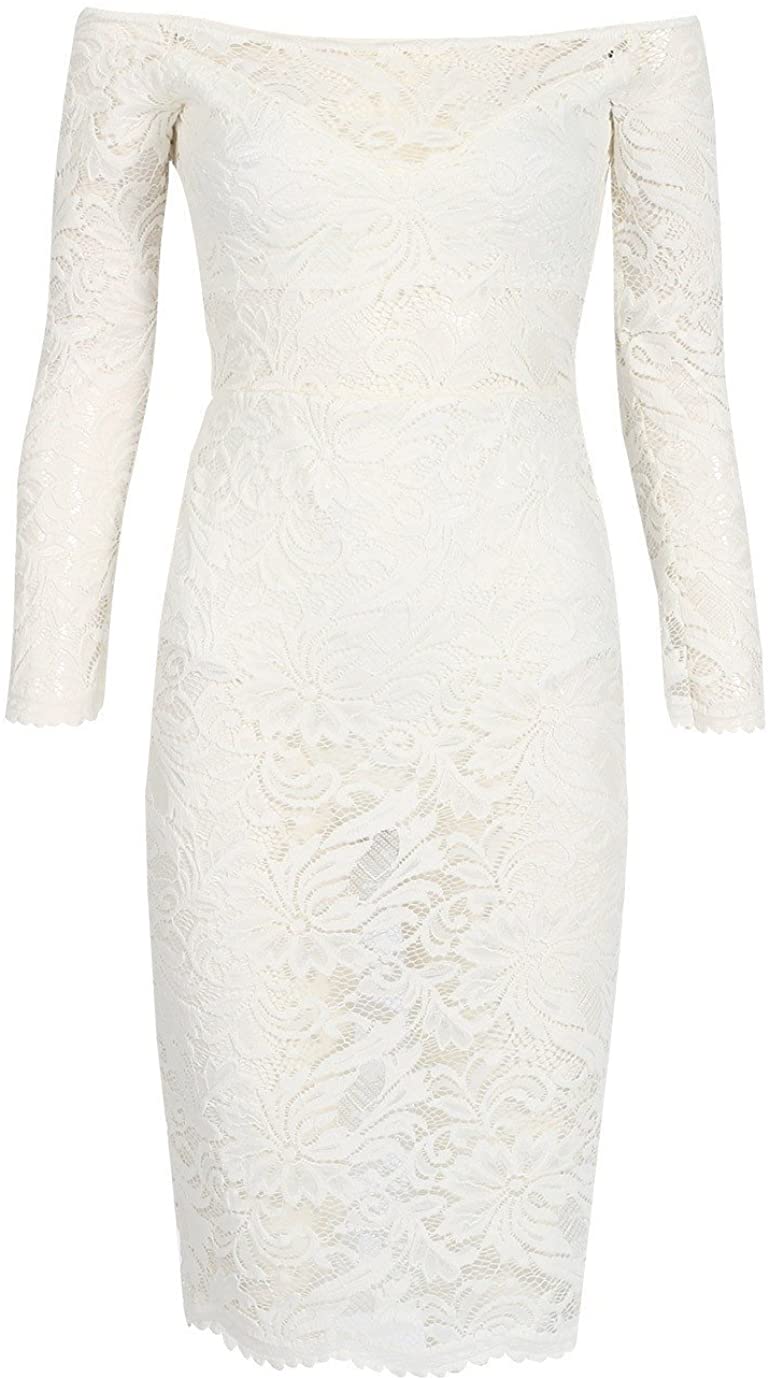 Price:$24.57    Ladies Semi Lined Lace Bardot Dress US Size 6-12 (US 6 (UK 8), Ivory)  Clothing
