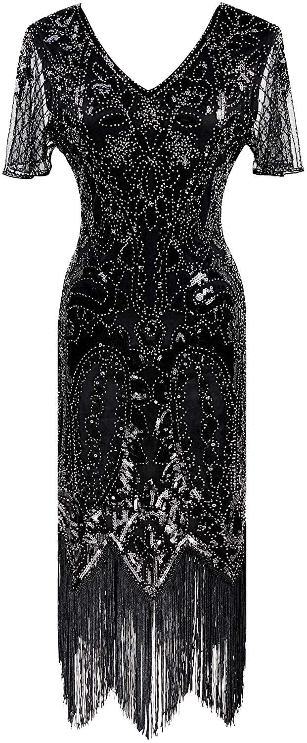 Price:$44.90    1920s Great Gatsby Flapper Floral Beaded Party Cocktail Dress with Sequined Short Sleeve Black Silver  Clothing