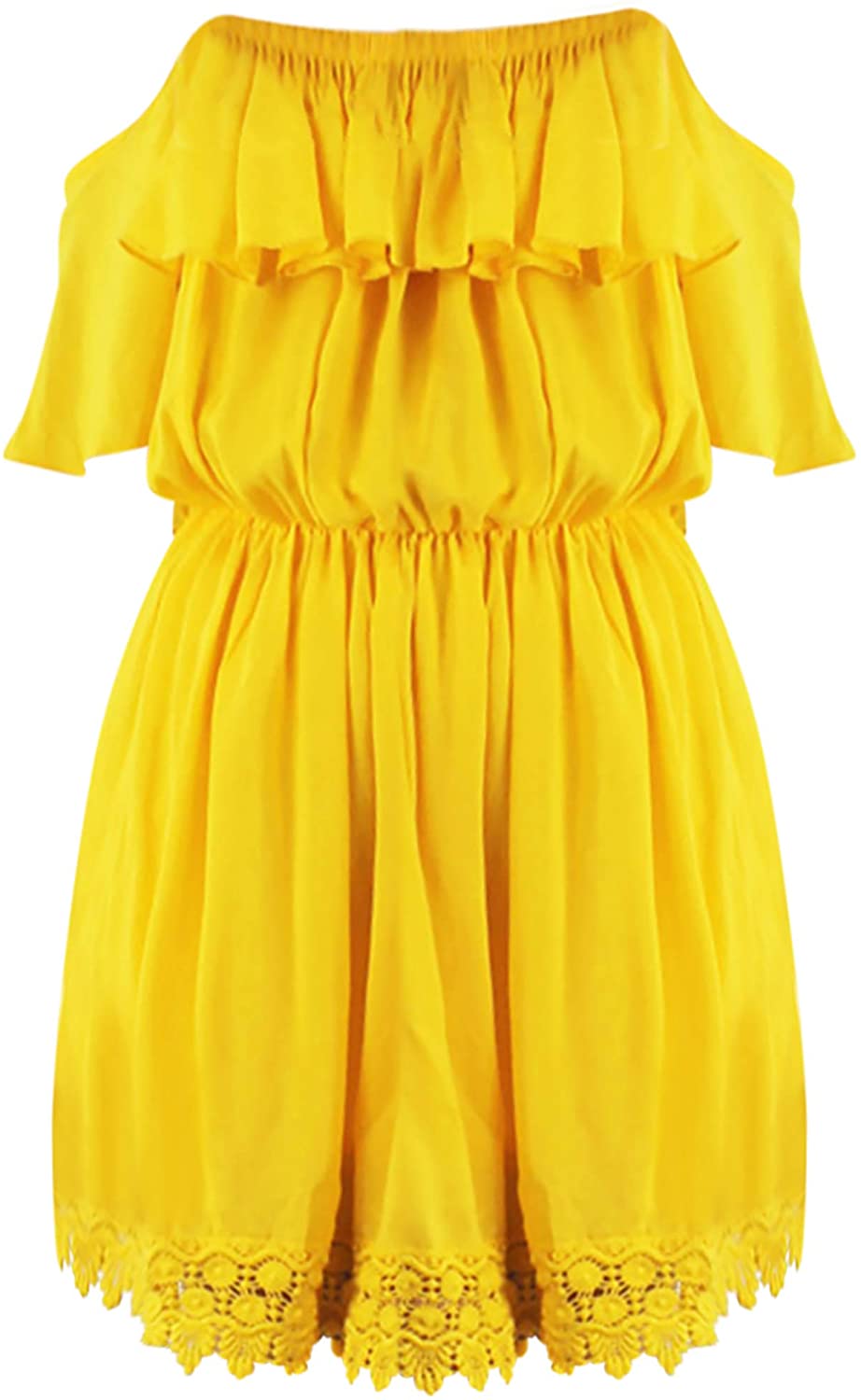 Price:$47.99 Yellow Strapless Off The Shoulder Dress with Lace Trim at Amazon Women’s Clothing store