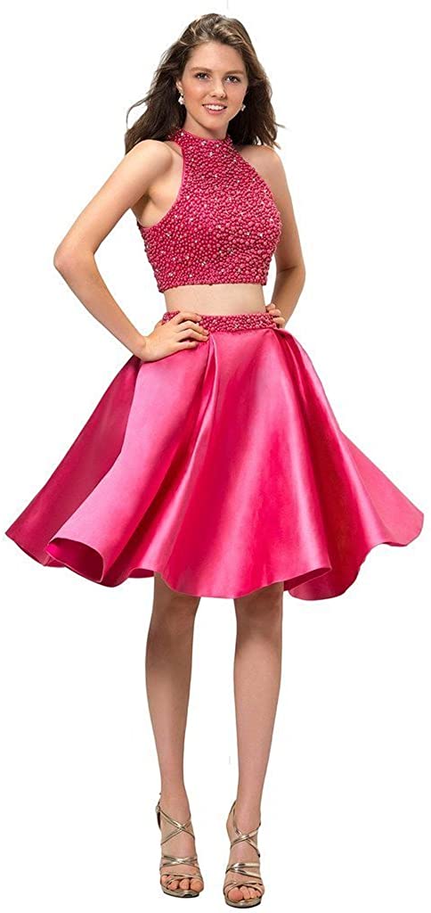 Price:$109.00    Prommay Women's Halter Prom Dress Short Tulle Homecoming Dress with Beads  Clothing