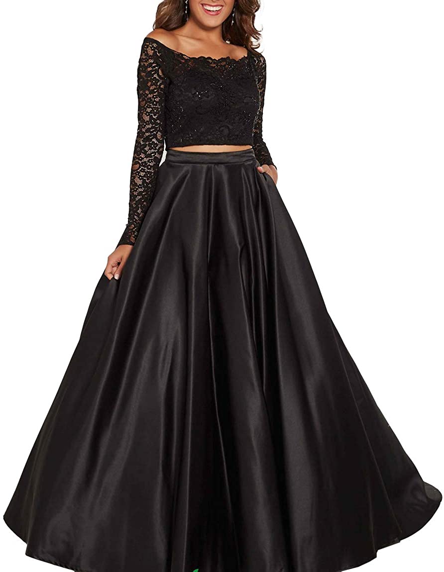 Price:$69.99    Clothfun Women's Two Piece Prom Dresses Long Sleeves Lace Pageant Dress Formal Party Gowns PM36 Black-2  Clothing