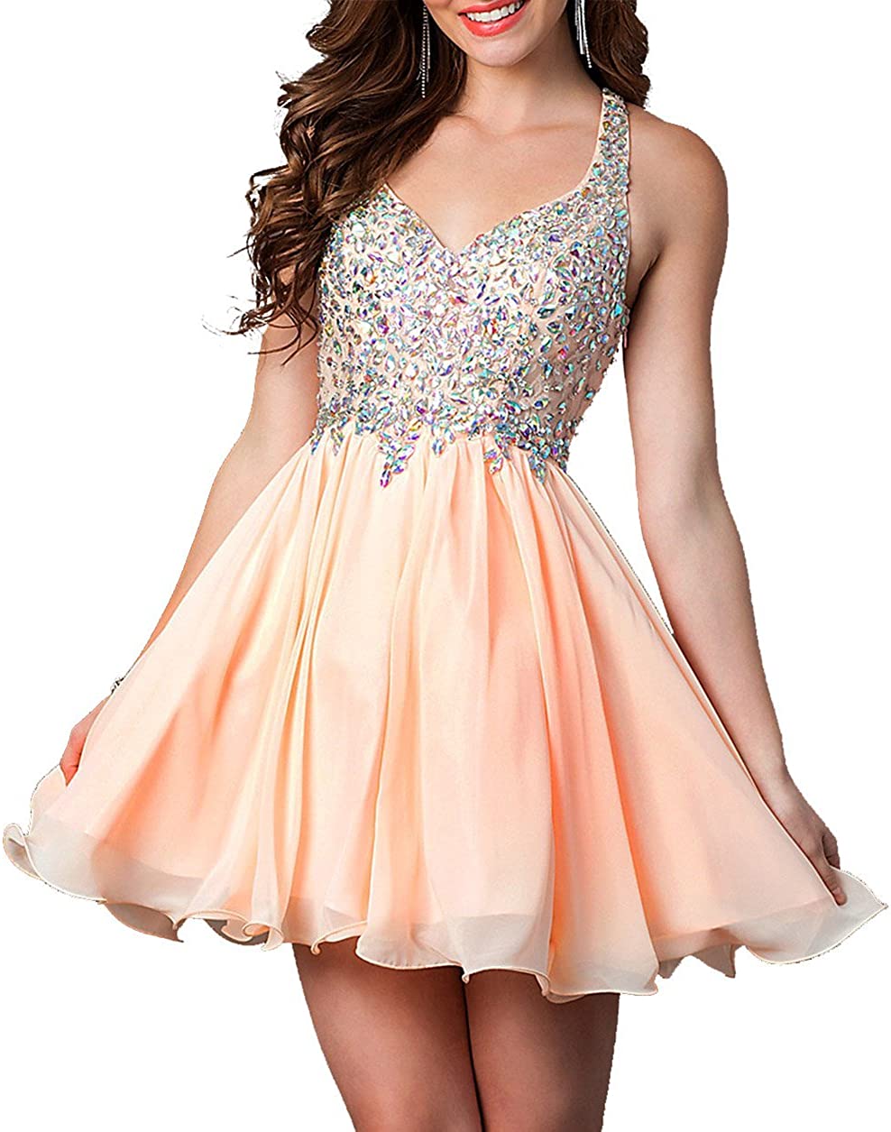 Price:$109.99    Ethel Women's Short A-Line Racer-Back Beaded Homecoming Prom Dress  Clothing
