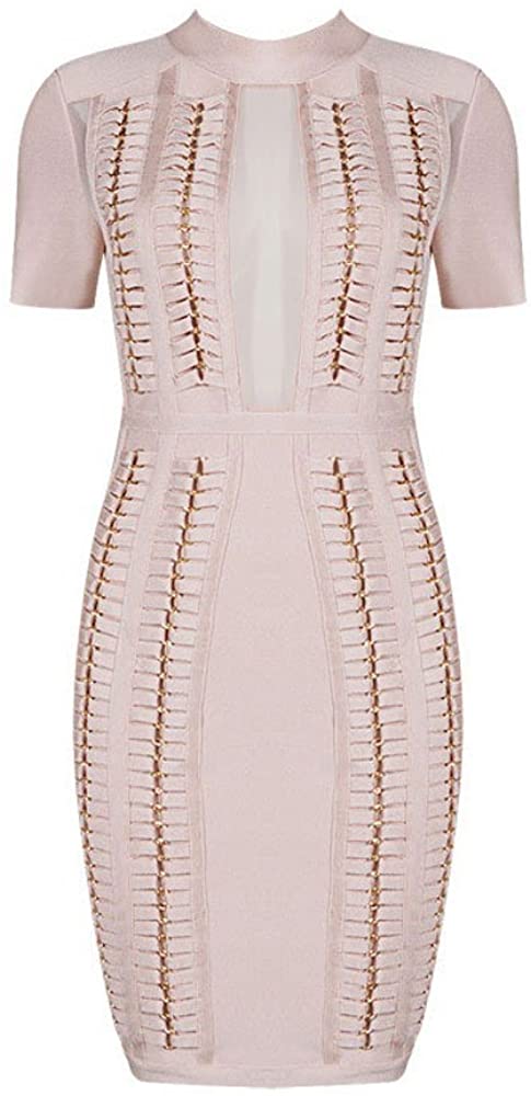 Price:$88.00    HLBandage Short Sleeve Mesh Metal Adorned Rayon Bandage Dress (XS,Nude)  Clothing