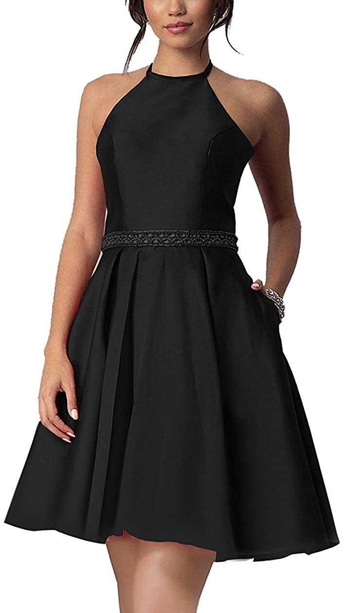 Price:$69.99    Women's Halter Short Party Dress Satin Beaded Cocktail Prom Gown with Pockets  Clothing