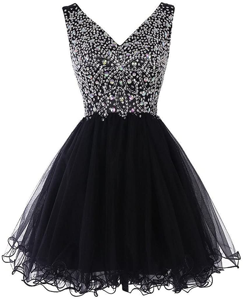 Price:$199.00    Women's Short V-Neck Homecoming Dress Beaded Tulle Cocktail Party Prom Dresses  Clothing