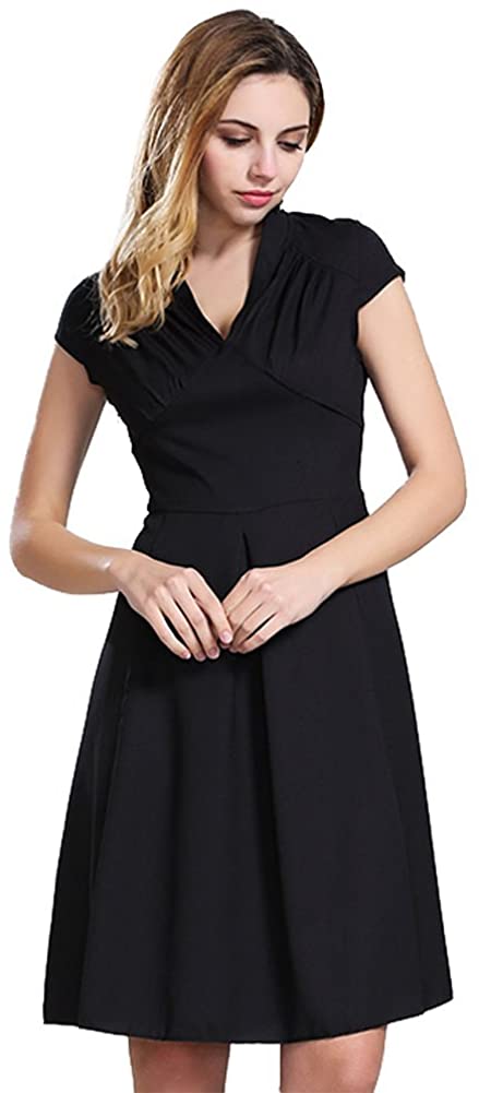 Price:$0.00    Misseurous Women's Sexy V Neck A-line Short Sleeve Pleated Chiffon Midi Dress  Clothing