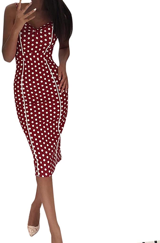 Price:$11.18    GONKOMA Women's Spaghetti Straps V-Neck Sleeveless Dot Printed Bodycon Dress Cocktail Party Dress Wine  Clothing
