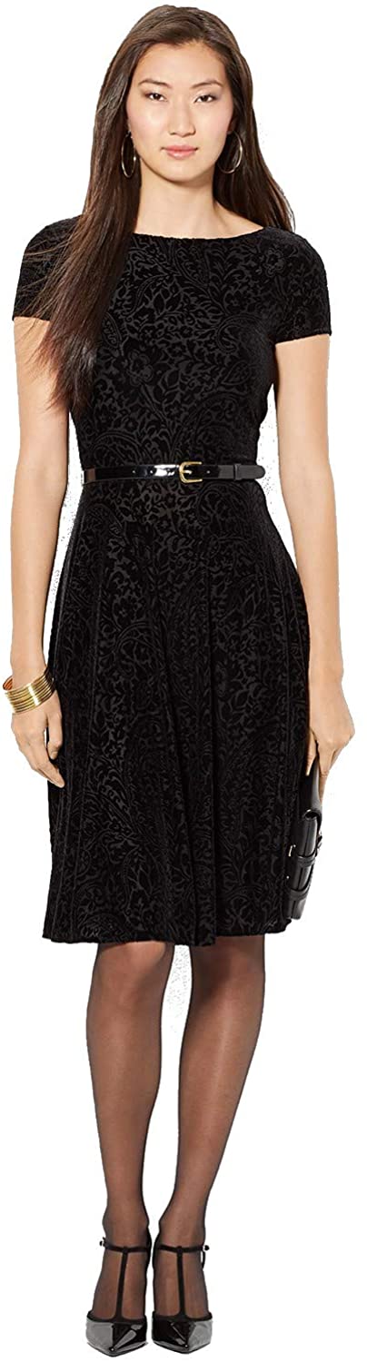 Price:$0.00    Ralph Lauren Lauren Women's Belted Devore Velvet Dress Black Large  Clothing