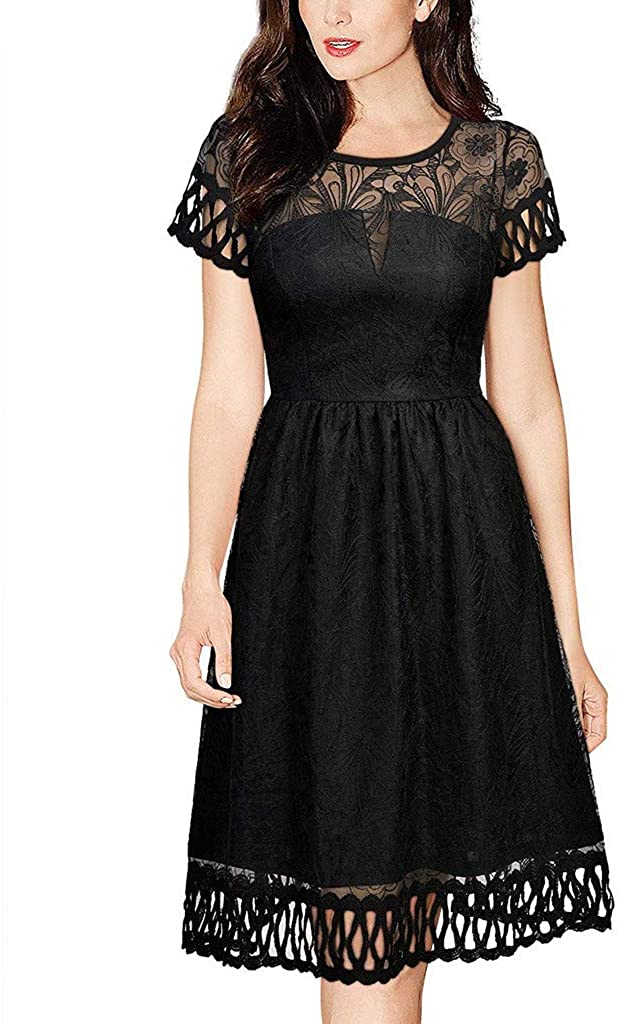 Price:$13.99 Evening Dresses for Women, Keepfit Vintage Floral Lace Short Sleeve Wedding Cocktail Party Dress at Amazon Women’s Clothing store
