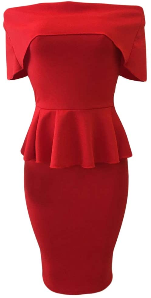 Price:$17.93    CHoppyWAVE Solid Color Women Sexy Off Shoulder Layered Ruffled Bodycon Midi Pencil Dress Red L  Clothing