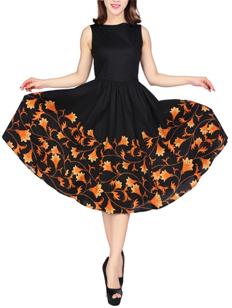 Price:$29.99 Modern Grease Audrey Hepburn Style Dress Black Golden Floral at Amazon Women’s Clothing store