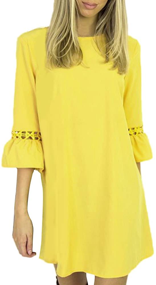 Price:$15.59    iLUGU O-Neck Half Sleeve Mini Dress For Women Flare Sleeve Long Blouse Asymmetrical Dresses For Women  Clothing
