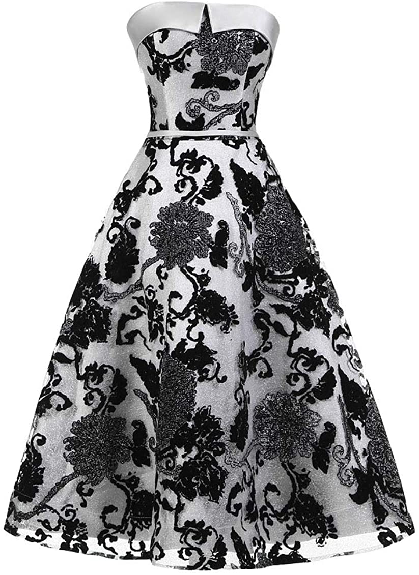 Price:$89.99    FTBY Strapless Midi Prom Dresses Floral Homecoming Dress Sleeveless A-line Women Formal Cocktail Gown 2019  Clothing