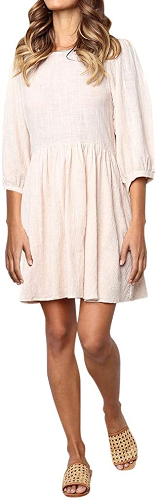Price:$3.99    Gergeos A-Line Dress Women Solid Color Round Neck Half Sleeve Mini Dress Cotton Linen Dress  Clothing
