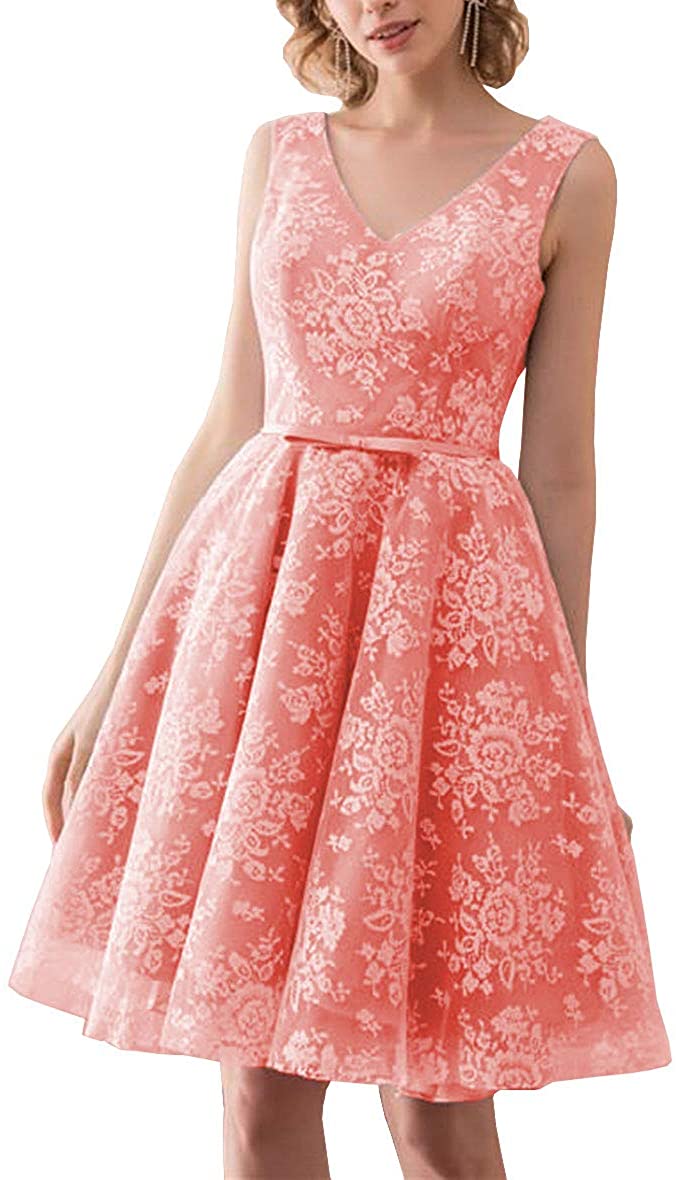 Price:$49.99    DYS Women's Short Lace Tulle Prom Homecoming Dress Double V Neck Bridesmaid Gown  Clothing