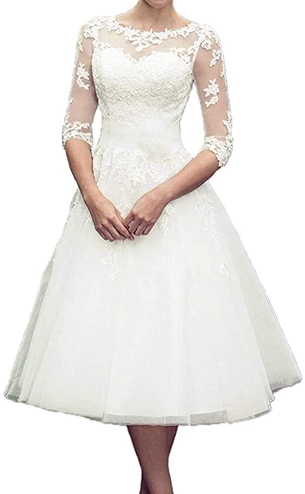Price:$88.90 Wedding Dress Lace Bride Dresses Tea Length Vintage Wedding Gown Appliques Bridal Dress at Amazon Women’s Clothing store