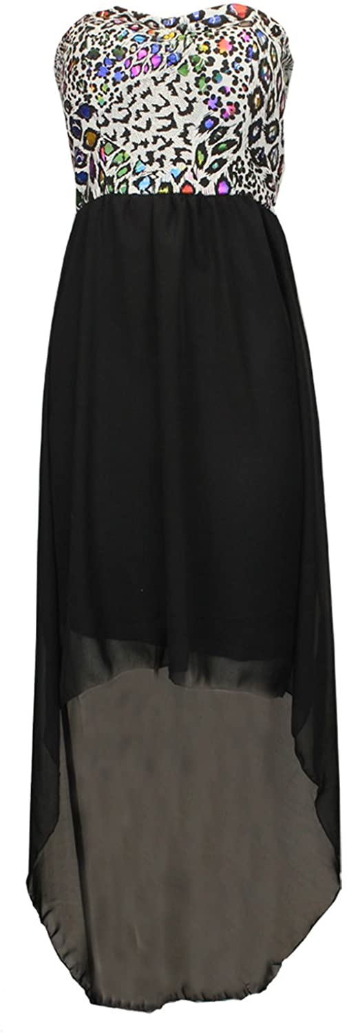 Price:$14.99    Thever Women Ladies Boob Tube Leopard Foil Print Chiffon Asymmetrical Hem Dress  Clothing