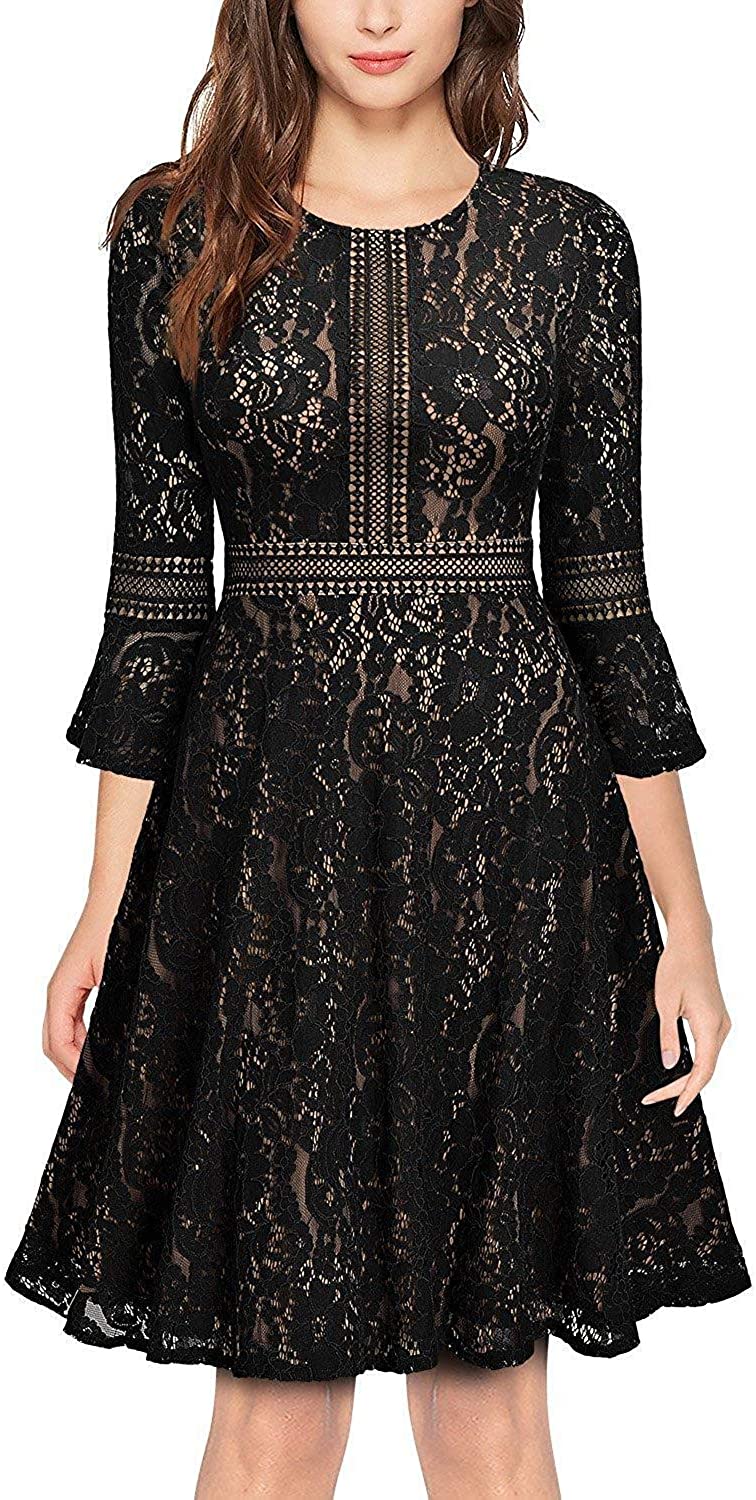 Price:$36.99    Naier Womens Vintage Full Lace Bell Sleeve Big Swing A-Line Cocktail Party Dress  Clothing
