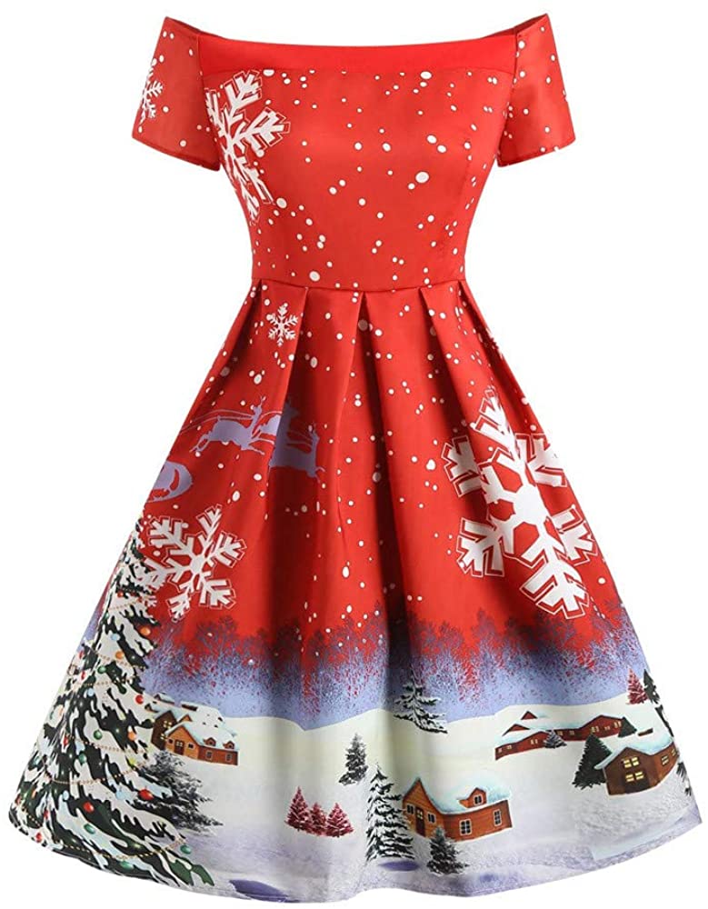 Price:$10.23 DongDong❤Off Shoulder A Line Swing Dress-Women Vintage Ugly Christmas Snowflake Print Dress at Amazon Women’s Clothing store