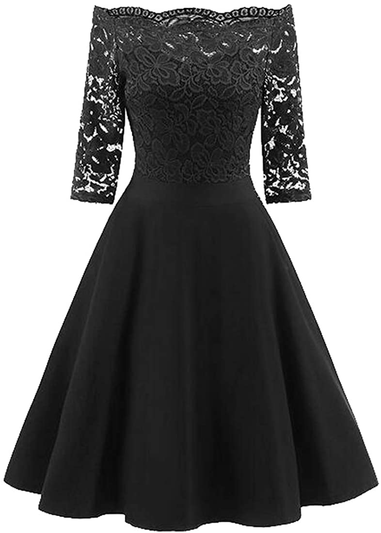 Price:$15.25 JYZJ Womens Lace Swing 3/4 Sleeve Off The Shoulder Cocktail Party Midi Dress at Amazon Women’s Clothing store