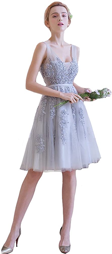 Price:$109.99    Lemai Silver Short Knee Length Sheer Backless Beaded Lace Prom Bridesmaid Dresses  Clothing