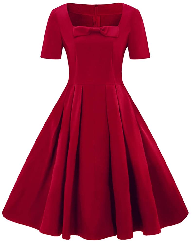 Price:$19.23 AKIMPE Fashion Womens Plus Size Short Sleeve Vintage Dress Solid Bow Retro Flare Dress at Amazon Women’s Clothing store