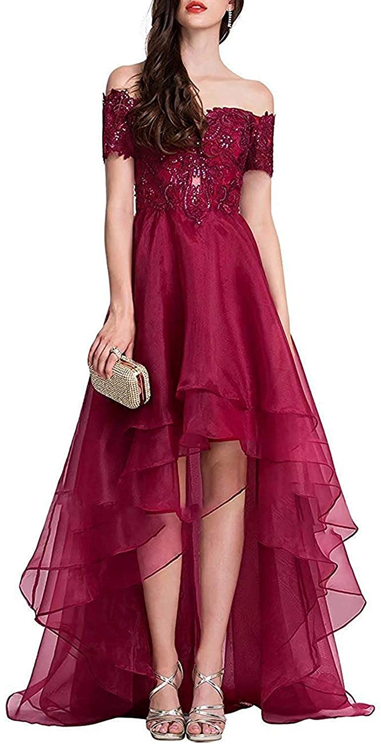 Price:$0.00    Graceprom Women's Off Shoulder Hi-Lo Prom Dresses Lace Appliques Short Sleeves Evening Party Dresses  Clothing