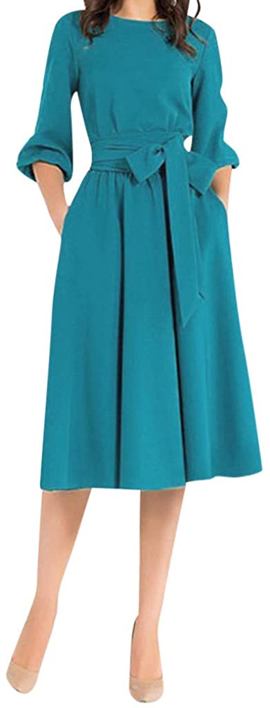 Price:$8.36    Women Fashion Solid Long Sleeve Deep Round Neck Belt Dress  Clothing