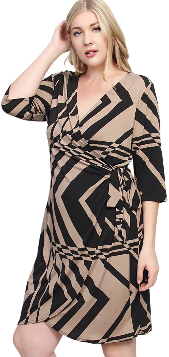 Price:$9.99    TheMogan Women's 3/4 Sleeve Geo Printed Jersey Wrap Dress Taupe 1XL  Clothing