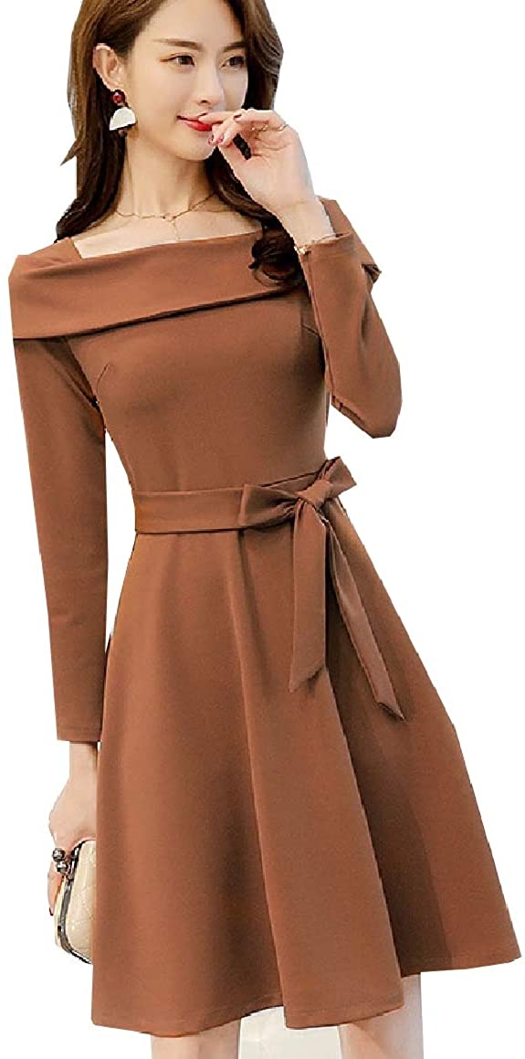 Price:$7.53 QUHSWomen Long Sleeve Solid Colored Off-Shoulder with Belt Evening Dress at Amazon Women’s Clothing store