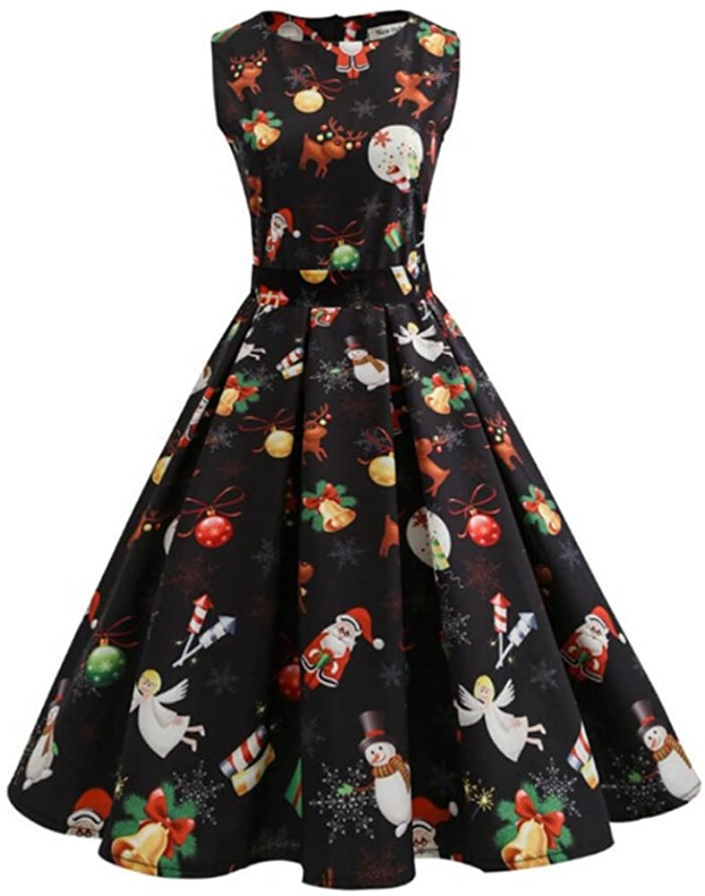 Price:$10.59 Christmas Midi Swing Dress, Women's Print Pin Up Xmas Party Cocktail Panel Dress by-NEWONESUN at Amazon Women’s Clothing store