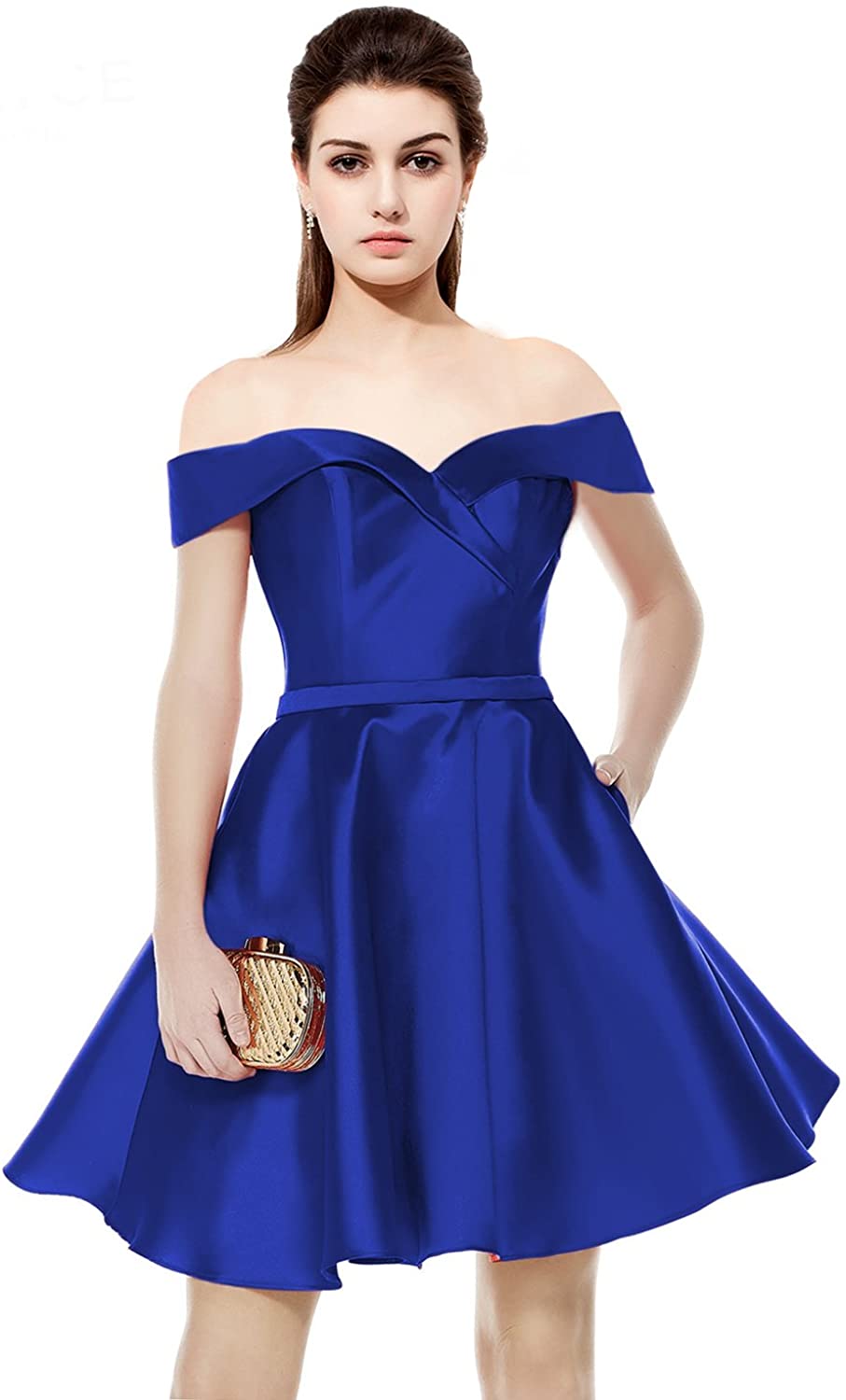 Price:$62.99 OYILAN Women's Short Off The Shoulder Satin Prom Party Dress with Pockets ON027 at Amazon Women’s Clothing store