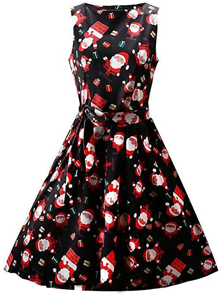 Price:$9.94 iYBUIA Women Christmas Print Lace Pin Up Swing Lace Party Panel Plus Size Dress at Amazon Women’s Clothing store