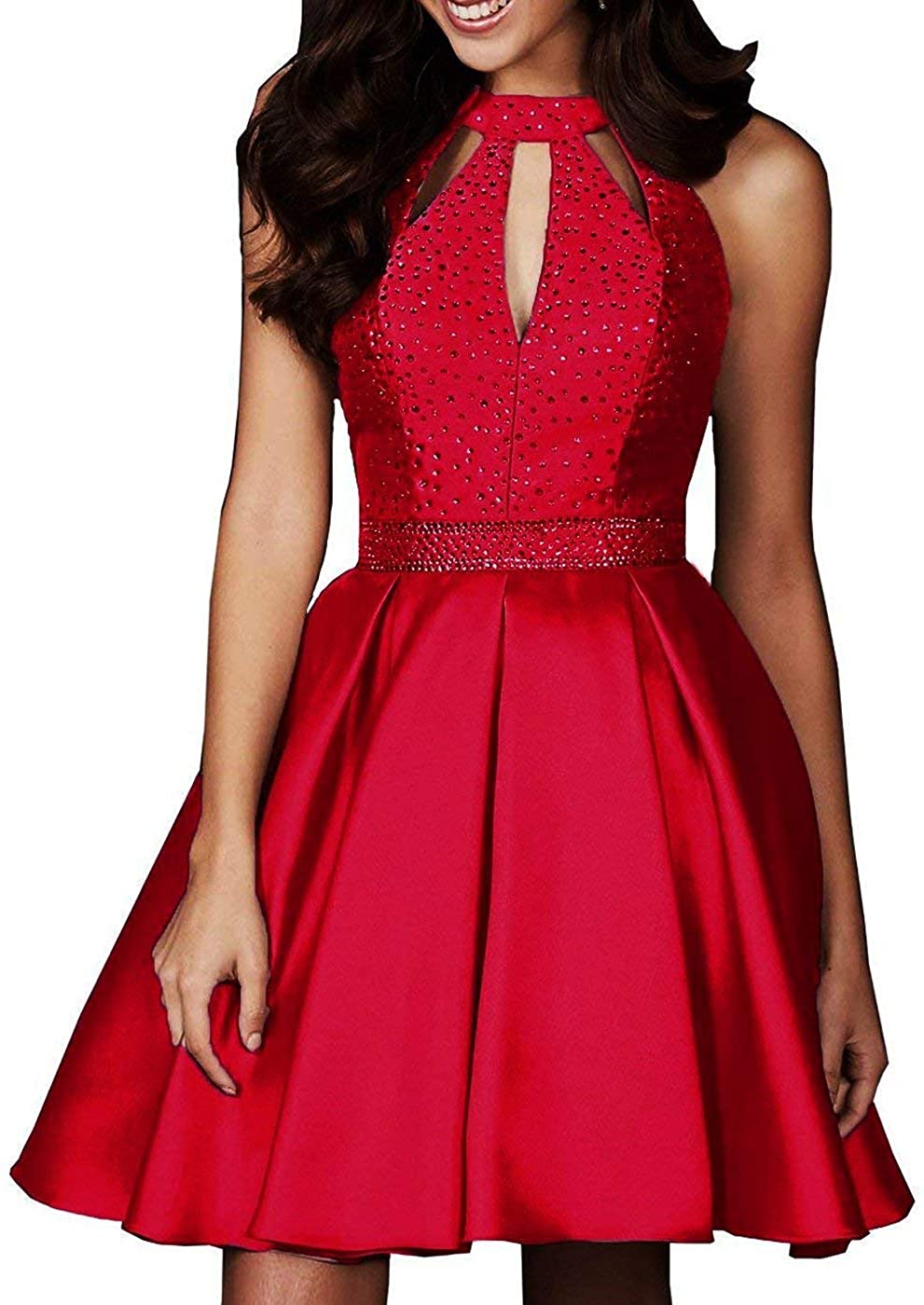 Price:$0.00    Sound of blossoming Halter Keyhole Back Beaded Homecoming Dress Satin Short Prom Gowns with Pockets SOB296  Clothing