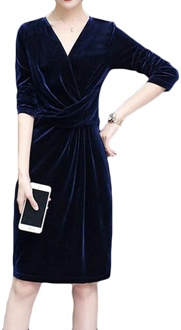 Price:$9.86 JYZJ Womens V-Neck Ruched Long Sleeve Bodycon Velvet Wear to Work Party Midi Dress at Amazon Women’s Clothing store
